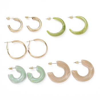 C-shape Stud Earrings, Resin Half Hoop Earrings, Open Hoop Earrings for Women, Glden, Mixed Color, 24.5~35x5~10mm, Pin: 0.8mm, 5 pairs/set