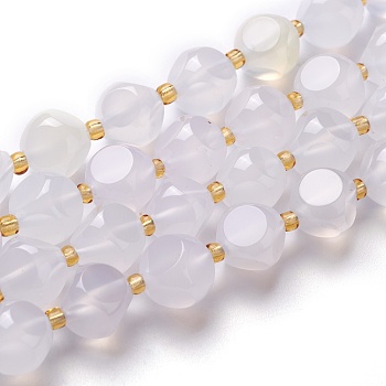 Natural White Chalcedony Beads Strand, White Agate, with Seed Beads, Six Sided Celestial Dice, 8~8.5x8~8.5x8~8.5mm, Hole: 0.5mm, about 20pcs/strand, 8.07''(20.5cm)