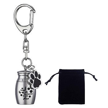 Pet Urn Keychain Personalized Paw Print Urn Pendant Pet Cremation Jewelry Stainless Steel Paw Print Dog Keepsake Cat Dog Urn with Storage Bag, Stainless Steel Color, 7.5x1.6cm