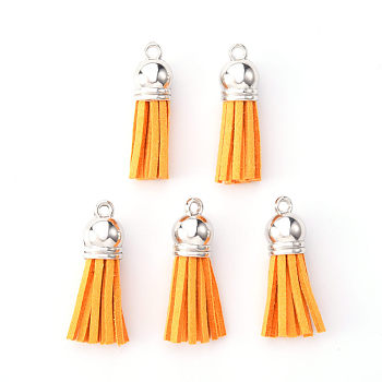 Faux Suede Tassel Pendant Decorations, with CCB Plastic Cord Ends, Platinum, Orange, 33~35x10mm, Hole: 2.5mm