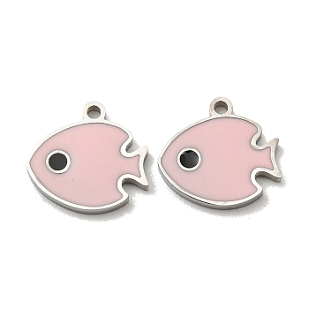304 Stainless Steel Charms, with Enamel, Fish Charms, Stainless Steel Color, Pink, 10x11x1mm, Hole: 1mm
