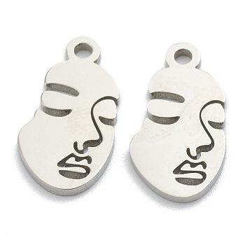 304 Stainless Steel Pendants, Abstract Face, Stainless Steel Color, 16x8.5x1mm, Hole: 1.6mm