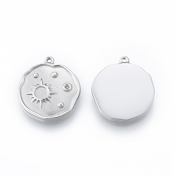 304 Stainless Steel Pendant Rhinestone Settings, Flat Round with Sun, Stainless Steel Color, Fit for 1mm Rhinestone, 17x15x3mm, Hole: 1mm