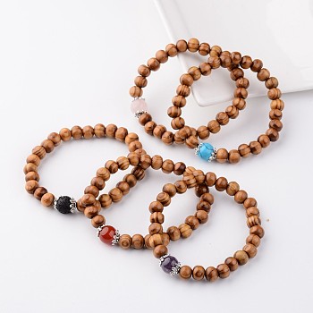 Wood Stretch Bracelets, with Natural & Synthetic Gemstone Beads and Metal Findings, Mixed Color, 55mm