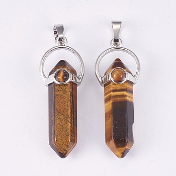 Natural Tiger Eye Double Terminated Pointed Pendants, with Brass Findings, Bullet, Platinum, 38.5~40.5x14.5x13mm, Hole: 4x8mm