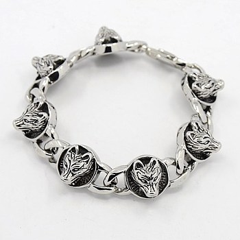Fashionable Retro Jewelry 304 Stainless Steel Wolf Bracelets for Men, with Clasps, Antique Silver, 8-5/8 inch(22cm)