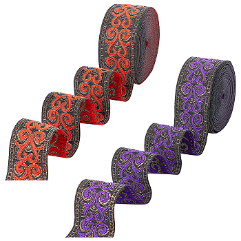 Elite 2Pcs 2 Colors Ethnic Style Embroidery Polyester Ribbons, Jacquard Ribbon, Tyrolean Ribbon, Garment Accessories, Flower Pattern, Mixed Color, 1-1/4 inch(33mm), about 7.66 Yards(7m)/pc, 1pc/color