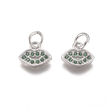 Brass Micro Pave Cubic Zirconia Charms, with Jump Rings, Lip, Green, Platinum, 7x8.5x1.5mm, Hole: 3mm