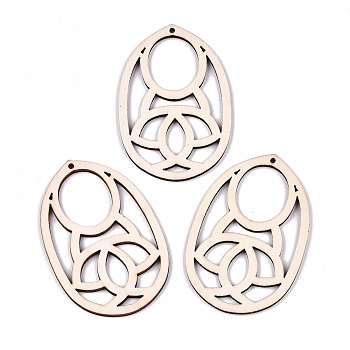 Undyed Natural Hollow Wooden Big Pendants, Laser Cut Shapes, Oval, Antique White, 59x38.5x2mm, Hole: 1.6mm