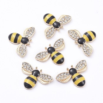 Alloy Enamel Cabochons, with Crystal Rhinestone, Bee, Light Gold, Yellow, 16x24x4mm