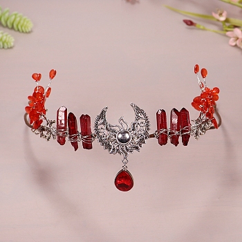 Moon Sun Metal Hair Bands, Natural Quartz Wrapped Hair Hoop for Bridal Crown Hair Accessories, Red, 450mm