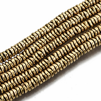 Electroplate Non-magnetic Synthetic Hematite Beads Strands, Flat Round/Disc, Heishi Beads, Real 18K Gold Plated, 4x1.5mm, Hole: 1mm, about 300pcs/strand, 15.94 inch(40.5cm)