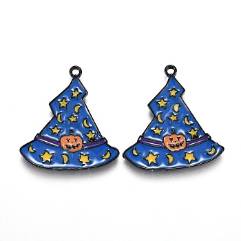 Halloween Theme Witch Hat Alloy Enamel Pendants, Magic Hat with Star and Moon & Pumpkin Pattern, Electrophoresis Black, 26.5x24.5x1.5mm, Hole: 1.6mm