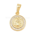 Religion Brass Micro Pave Clear Cubic Zirconia Pendants, Cadmium Free & Lead Free, Flat Round with Virgin Mary Charms, Real 18K Gold Plated, 14.5x12x4mm, Hole: 3.5x6mm(KK-D258-38G-02)
