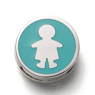 304 Stainless Steel Slide Charms, Enamel Style, Flat Round with Boy, Aquamarine, Stainless Steel Color, 12x3.5mm, Hole: 8x1.5mm(STAS-P270-31P)