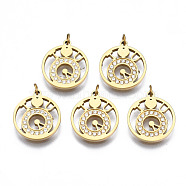 316 Surgical Stainless Steel Charms, with Micro Pave Clear Cubic Zirconia and Jump Rings, Clock, Real 14K Gold Plated, 13.5x12x1mm, Hole: 1.6mm, Jump Ring: 3x0.5mm, 1.6mm inner diameter(STAS-N097-035)