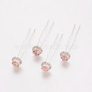 (Defective Closeout Sale), Lady's Hair Forks, with Silver Color Plated Iron Findings and Rhinestone, Flower, Light Rose, 72mm(PHAR-XCP0001-B02)