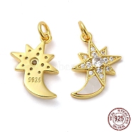 925 Sterling Silver Micro Pave Cubic Zirconia Pendants, Moon & Star Charm, with Shell & 925 Stamp & Jump Ring, Real 18K Gold Plated, 16x13x3mm, Hole: 3mm(STER-I010-20G)
