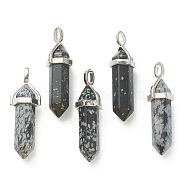Natural Snowflake Obsidian Pendants, with Platinum Tone Brass Findings, Bullet, 39.5x12x11.5mm, Hole: 4.5x2.8mm(X-G-M378-01P-A09)