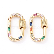 Brass Micro Pave Cubic Zirconia Screw Carabiner Lock Charms, for Necklaces Making, Long-Lasting Plated, Oval, Real 18K Gold Plated, Colorful, Colorful, 23.5x13.5x3mm, Screw: 5mm in diameter(ZIRC-L093-58B-G)