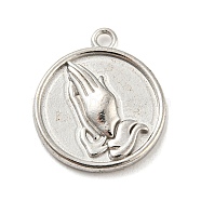 304 Stainless Steel Pendants, Flat Round with Praying Hands Charm, Stainless Steel Color, 18.5x16x2mm, Hole: 1.6mm(STAS-C082-04P)