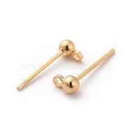 Brass Stud Earrings Findings, with Loop, Long-Lasting Plated, Nickel Free, Real 18K Gold Plated, Round, 13mm, Hole: 1mm, Pin: 0.7mm, Ball: 3mm in diameter(X-KK-G333-09G-NF)