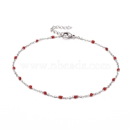 304 Stainless Steel Cable Chain Anklets, with Enamel and Lobster Claw Clasps, Stainless Steel Color, Red, 230x2mm(AJEW-K030-01P-08)