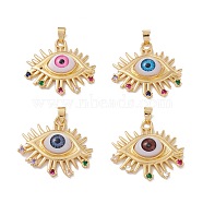 Brass Micro Pave Colorful Cubic Zirconia Pendants, with Resin Eye Cabochons, Long-Lasting Plated, Eye, Real 18K Gold Plated, Mixed Color, 31.5x34x7mm, Hole: 6x3.5mm(ZIRC-Z016-39G)