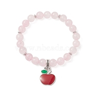 Natural Rose Quartz Beaded Stretch Bracelets, Alloy Enamel Apple Pendant Bracelet for Women, Teacher's Day Theme, Pink, Inner Diameter: 2-1/8 inch(5.4cm)(BJEW-TA00228)