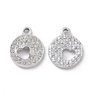 Alloy Rhinestone Pendants,  Platinum Tone Flat Round with Hollow Out Heart Charms, Crystal, 18x14x3mm, Hole: 2mm(ALRI-C008-34P)