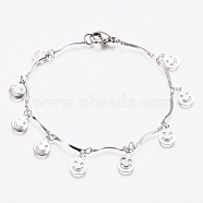 304 Stainless Steel Happy Smile Charm Bracelets, Bar Link Chain Bracelets, with Lobster Claw Clasps, Stainless Steel Color, 7-5/8 inch(19.5cm)(BJEW-G628-05P)