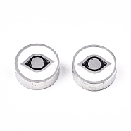 304 Stainless Steel Beads, Laser Cut, with Enamel, White, Flat Round with Eye, Stainless Steel Color, 9.5x3mm, Hole: 2mm(X-STAS-S080-020P)