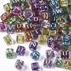 Transparent Acrylic Beads, Horizontal Hole, Cube with Letter, Silver Plated, Mixed Color, 6x6x6mm, Hole: 3mm(X-PACR-N006-001)