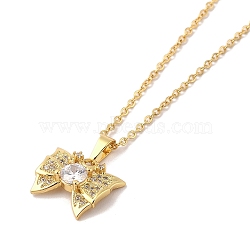 304 Stainless Steel Pendant Necklaces, Brass Micro Pave Cubic Zirconia Pendant Necklaces, Bowknot, 17.52 inch(44.5cm), 14x17.5mm(NJEW-U002-25G-01)