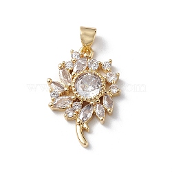 Rack Plating Brass Micro Pave Clear Cubic Zirconia Pendants, Lead Free & Cadmium Free, Long-Lasting Plated, Flower Charm, Real 18K Gold Plated, 24.5x16x3.5mm, Hole: 5x3mm(KK-H434-41G)