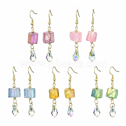 Dyed Natural Quartz & Glass Teardrop Dangle Earrings, with Real 18K Gold Plated 304 Stainless Steel Earring Pins, Mixed Color, 53x8.5~13mm(EJEW-JE05714)