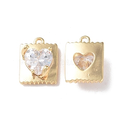 Brass Charms, with Glass, Square with Heart Charm, Real 18K Gold Plated, 13x10x5mm, Hole: 1mm(KK-I702-12G)