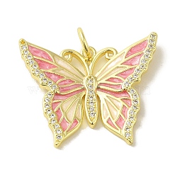 Butterfly Brass Enamel Micro Pave Cubic Zirconia Pendants, Real 18K Gold Plated, with Jump Ring, Pink, 22x26.5x3mm, Hole: 4.2mm(KK-Z042-02G-01)