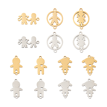 PandaHall Jewelry 14Pcs 14 Style 201 Stainless Steel Connector Charms, Laser Cut, Boy & Girl, Mixed Color, 10~19x11.5~16x1mm, Hole: 1.4~1.5mm, 1pc/style