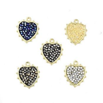 Rhinestone Pendants, with Light Gold Plated Brass Findings, Heart, Cadmium Free & Lead Free, Mixed Color, 20x17.5x2.5mm, Hole: 1.6mm