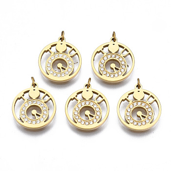 316 Surgical Stainless Steel Charms, with Micro Pave Clear Cubic Zirconia and Jump Rings, Clock, Real 14K Gold Plated, 13.5x12x1mm, Hole: 1.6mm, Jump Ring: 3x0.5mm, 1.6mm inner diameter