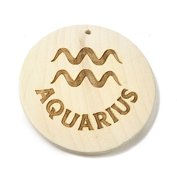 Wood Pendants, Flat Round, Aquarius, 40x39x6mm, Hole: 1.6mm