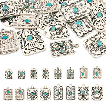 16Pcs 8 Styles Synthetic Turquoise Pendants, with Rack Plating Alloy Findings, Rectangle & Arch Shape, Antique Silver, 29~40.5x18~26x3~5mm, Hole: 2.5~3.8mm, 2pcs/style
