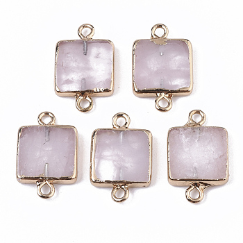 Natural Rose Quartz Links connectors, with Edge Golden Plated Iron Loop, Square, 20~21x12.5x3mm, Hole: 1.5mm