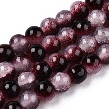 Crackle Baking Painted Imitation Jade Glass Beads Strands, Two Tone, Round, Coconut Brown, 10mm, Hole: 1.4mm, about 80pcs/strand, 30.87''(78.4cm)