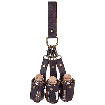 PU Leather Bag with 3Pcs Cork Glass Bottles, Waist Pouch Side Pack for Halloween Party Role Play, Coconut Brown, 270mm