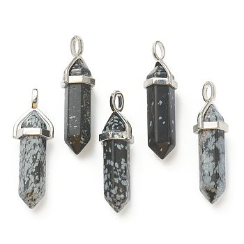 Natural Snowflake Obsidian Pendants, with Platinum Tone Brass Findings, Bullet, 39.5x12x11.5mm, Hole: 4.5x2.8mm