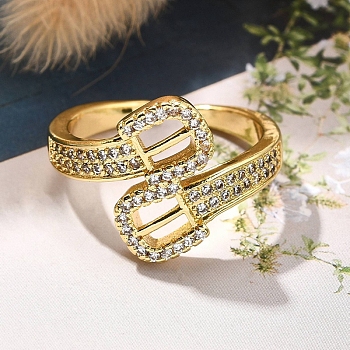 Rack Plating Brass Micro Pave Clear Cubic Zirconia Cuff Finger Rings for Women, Long-Lasting Plated, Belt, Real 18K Gold Plated, 14mm