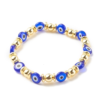 Flat Round with Evil Eye Lampwork Stretch Bracelet Synthetic Hematite, Gemstone Jewelry for Women, Blue, Inner Diameter: 2-1/8 inch(5.5cm)
