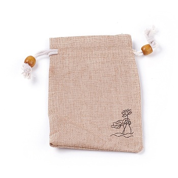 Burlap Packing Pouches, Drawstring Bags, with Wood Beads, Bisque, 14.6~14.8x10.2~10.3cm
